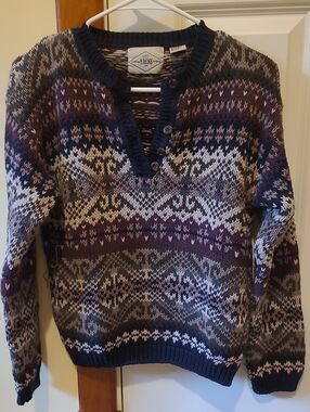 Tailor B. Moss Purple and Gray Fair Isle V-Neck Button Sweater